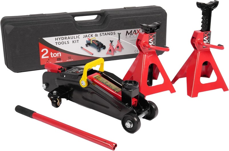 Maxority 2-Ton (4400 lbs) Hydraulic Low Profile Trolley Garage Service/Floor Jack with Blow Mold Carrying Storage Case and 1 Pair 2 Ton Jack Stands for Home and Workshop Vehicle Maintenance - Image 1